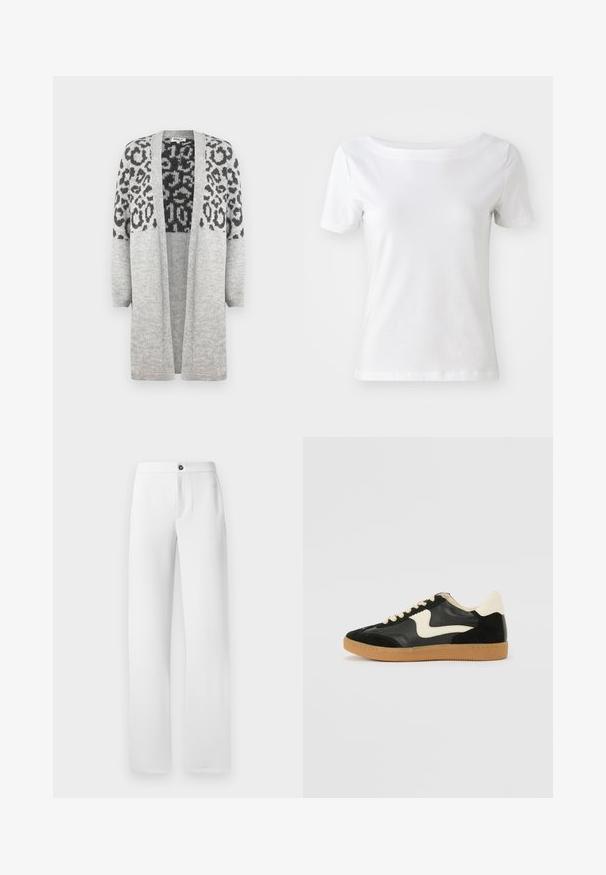 Grijze gebreide cardigan met lange mouwen en een open voorkant. Heeft een zwart luipaardprintontwerp op het bovenste gedeelte. Zachte textuur.; Witte korteblouse t-shirt van katoen met een bootnek en een gladde textuur. Eenvoudig en onopvallend ontwerp.; Witte broek van gladde stof, met een rechte pijp, een enkele knoopsluiting en zijzakken. Eenvoudige en nette afwerking.; Zwarte suède en leren sneaker met een crèmekleurige zij-swoosh en lichte crèmekleurige hiel. Voorzien van beige veters en een gumrubberen zool.