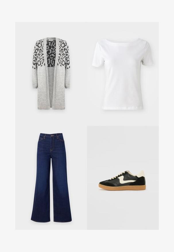 Gray knitted cardigan with long sleeves and an open front. Features a black leopard print design on the upper part. Soft texture.; White short-sleeve t-shirt made of cotton with a boat neckline and a smooth texture. Simple and unadorned design.; Dark blue wide-leg jeans made of denim, featuring a high waist, five-pocket design, and contrasting orange stitching along the seams.; Black suede and leather sneaker with a cream side swoosh and light cream heel. Features beige laces and a gum rubber outsole.