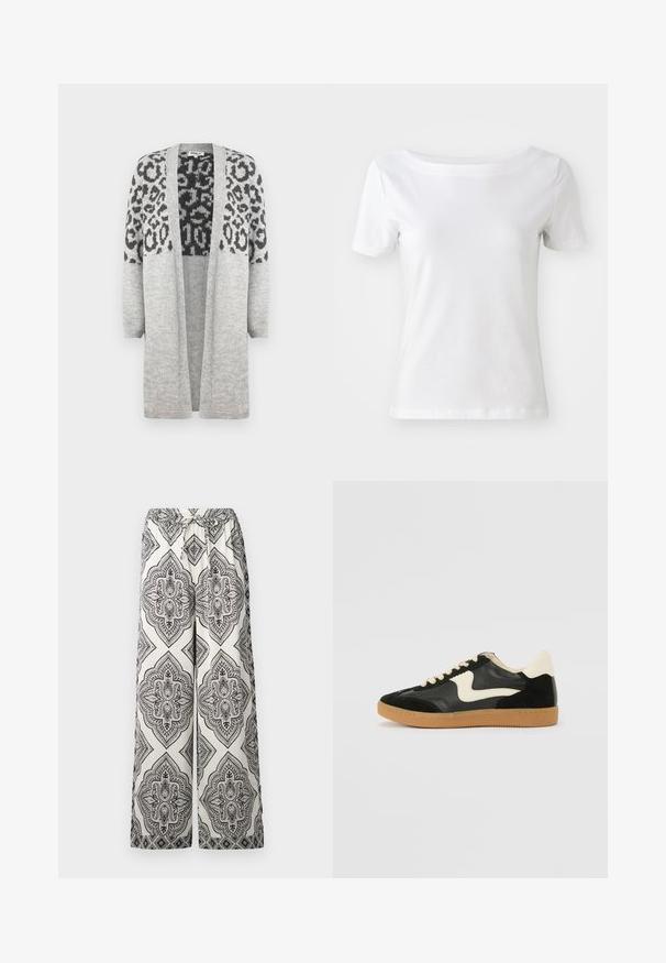 Cardigan en tricot gris avec des manches longues et un devant ouvert. Présente un motif léopard noir sur la partie supérieure. Texture douce.; T-shirt blanc à manches courtes en coton avec un col bateau et une texture lisse. Design simple et dépouillé.; Pantalons à jambes larges en crème avec un motif de diamant orné noir. Dotés d'une taille élastique avec un lien décoratif et d'une texture lisse.; Baskets en daim et cuir noir avec un swoosh latéral crème et un talon crème clair. Dotées de lacets beige et d'une semelle en caoutchouc gomme.