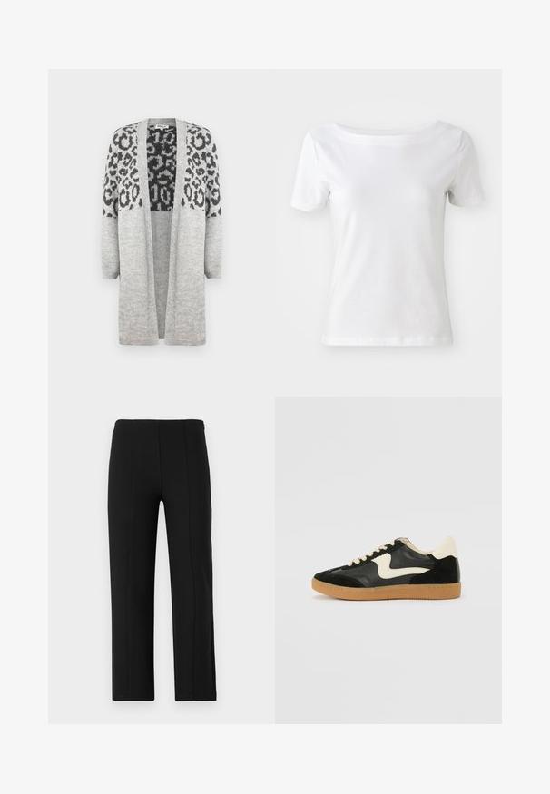 Sivi pleteni kardigan s dugim rukavima i otvorenim prednjim dijelom. Sadrži crni uzorak leoparda na gornjem dijelu. Mekana tekstura.; Bijela kratka majica s kratkim rukavima, izrađena od pamuka, s brodskim izrezom i glatkom teksturom. Jednostavan i neukrašen dizajn.; Crne hlače s ravnim krojem. Imaju glatku teksturu, bez vidljivih zatvaranja i prednje šavove za dodatnu strukturu.; Crna nubuk i kožna tenisica s kremastim bočnim swooshom i svijetlom kremastom petom. Sadrži bež vezice i gumu na potplatu.