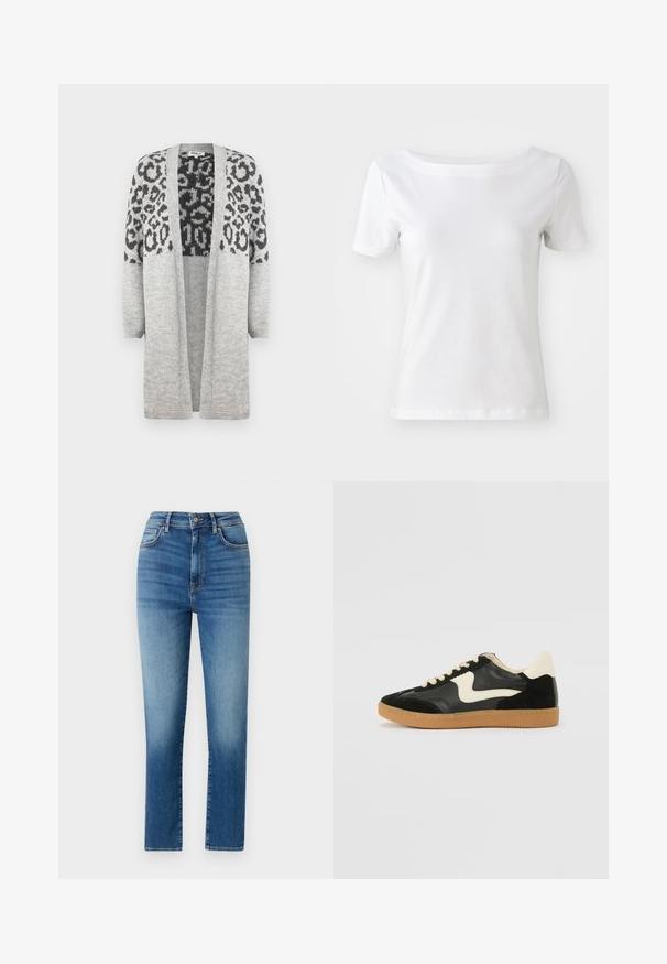 Sivi pleteni kardigan s dugim rukavima i otvorenim prednjim dijelom. Sadrži crni uzorak leoparda na gornjem dijelu. Mekana tekstura.; Bijela kratka majica s kratkim rukavima, izrađena od pamuka, s brodskim izrezom i glatkom teksturom. Jednostavan i neukrašen dizajn.; Traperice s visokim strukom u plavoj boji, izrađene od denima, s ravnim krojem, pet džepova i suptilnim izbljeđivanjem za teksturu i detalj.; Crna nubuk i kožna tenisica s kremastim bočnim swooshom i svijetlom kremastom petom. Sadrži bež vezice i gumu na potplatu.