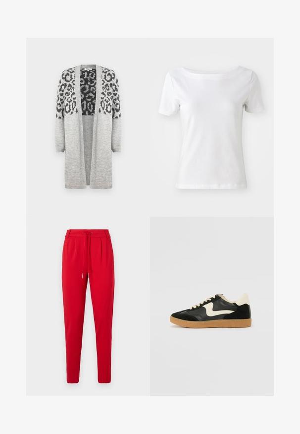 Siva pletena jopica z dolgimi rokavi in odprtim sprednjim delom. Ima črn leopardi vzorec na zgornjem delu. Mehka tekstura.; Bela majica s kratkimi rokavi iz bombaža z odprtim izrezom in gladko teksturo. Preprost in neokrašen dizajn.; Rdeče, oblikovane hlače s elastiko v pasu in pregibi spredaj, prikazane na beli podlagi.; Črne semiš in usnjene superge s kremasto stransko puščico in svetlo kremasto peto. Imajo bež čipke in gumijast podplat.