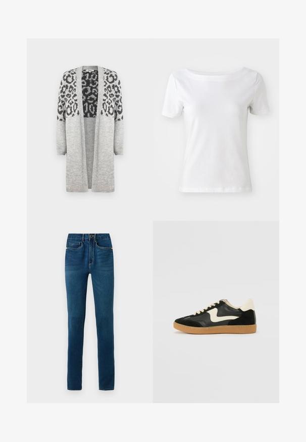 Gray knitted cardigan with long sleeves and an open front. Features a black leopard print design on the upper part. Soft texture.; White short-sleeve t-shirt made of cotton with a boat neckline and a smooth texture. Simple and unadorned design.; Dark blue denim jeans with a straight leg design, featuring a button closure, belt loops, and classic front and back pockets.; Black suede and leather sneaker with a cream side swoosh and light cream heel. Features beige laces and a gum rubber outsole.