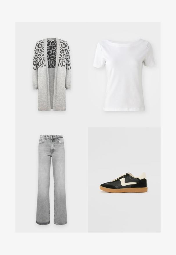Grå strikket cardigan med lange ærmer og åben front. Har et sort leopardprintdesign på den øvre del. Blød tekstur.; Hvid kortærmet t-shirt lavet af bomuld med bådudskæring og en glat tekstur. Simpelt og udekoreret design.; Lyst grå faded lige ben jeans med forlommer, bæltestropper, og en knap- og lynlåslukning.; Sorte ruskinds- og lædersneakers med en cremefarvet side-swoosh og lys cremefarvet hæl. Har beige snørebånd og en gummirubber-sål.