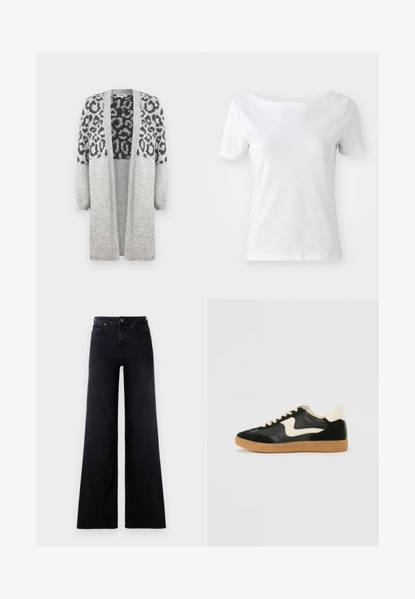 Cardigan gri din tricot, cu mâneci lungi și deschidere frontală. Prezintă un model cu imprimeu de leopard negru în partea superioară. Textură moale.; Tricou alb cu maneci scurte, realizat din bumbac, cu decolteu bateau și o textură netedă. Design simplu și nepăstrat.; Blugi negri cu picior larg, având talie înaltă, închidere clasică cu nasturi și accente de broderie verde subtilă. Construiți dintr-un material denim cu o textură netedă.; Tenisi din suede și piele negri cu un swoosh lateral de culoare crem și călcâi de un crem deschis. Prezintă șireturi bej și o talpă din rubber de tip gum.