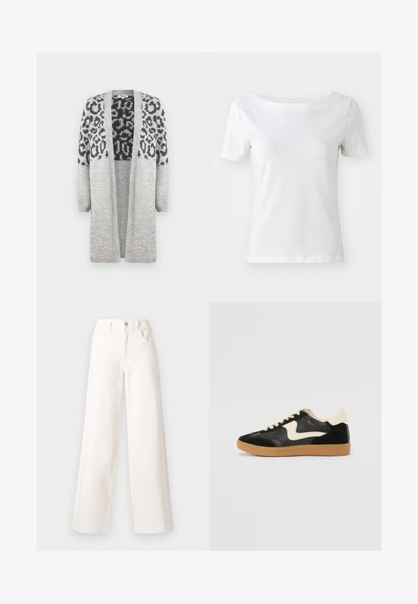Hallikas kudumiga kardigan pikkade varrukatega ja avatud ees. Ülemises osas on must leopardimuster. Pehme tekstuur.; Valge lühikeste varrukatega t-särk, mis on valmistatud puuvillast, paadi kaelusega ja sileda tekstuuriga. Lihtne ja ilma kaunistusteta disain.; Laiad sirge säärega teksad õrna valge denimi, millel on esine nupulukk, kaks külg-taskut ja puhtad jooned ilma kaunistusteta.; Must musta ja nahast sneakersid, millel on koorevärvi külgsuund ja hele koorik. Omab beeži paelu ja kummi kummist välistalla.