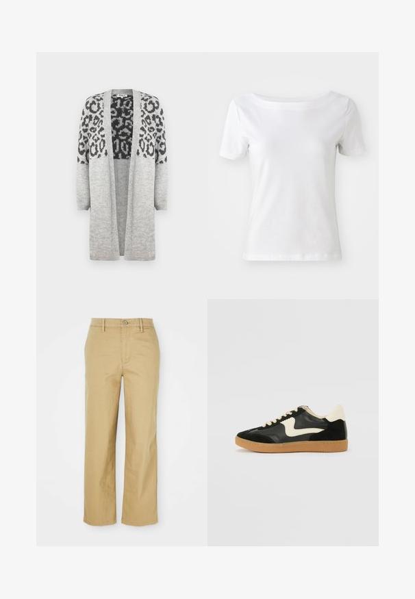 Grå strikket cardigan med lange ærmer og åben front. Har et sort leopardprintdesign på den øvre del. Blød tekstur.; Hvid kortærmet t-shirt lavet af bomuld med bådudskæring og en glat tekstur. Simpelt og udekoreret design.; Beige bomuldsbukser med lige ben design. Har en knaplukning, bæltestropper og frontlommer, letvægts tekstur.; Sorte ruskinds- og lædersneakers med en cremefarvet side-swoosh og lys cremefarvet hæl. Har beige snørebånd og en gummirubber-sål.