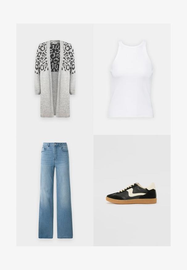 Šedý pletený kardigan s dlouhými rukávy a otevřeným předním zapínáním. Vyznačuje se černým leopardím vzorem na horní části. Měkká textura.; Bílý bezrukávový top vyrobený z ribbed látky, s kulatým výstřihem a přiléhavým střihem, s minimem švů a bez ozdob.; Světlé modré džíny s vysokým pasem a rovnými nohavicemi. Vyrobené z denimu, s pěti kapsami a zapínáním na knoflíky.; Černé semišové a kožené tenisky s krémovým postranním swooshem a světlým krémovým podpatkem. Mají béžové tkaničky a podešev z gumové pryže.