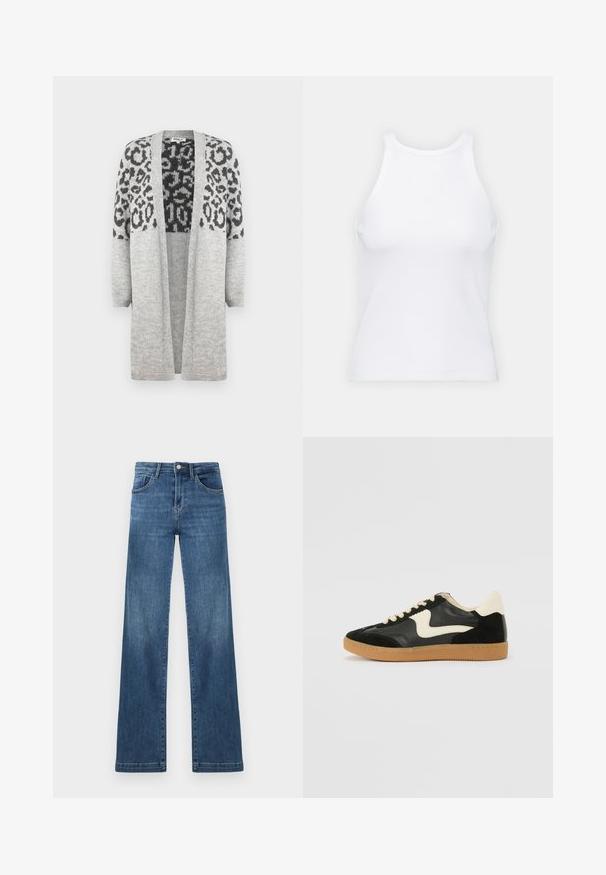 Hallikas kudumiga kardigan pikkade varrukatega ja avatud ees. Ülemises osas on must leopardimuster. Pehme tekstuur.; Valge ilma varrukateta T-särk, mis on valmistatud ribakangast, ümarate kaelustega ja kitseneva siluetiga, minimaalse õmbluste ning ilma kaunistusteta.; Tumedast sinisest denimist sirge säärega teksapüksid, millel on kõrge vöökoht, viis taskut jametallnööp. Silmapaistvad pleekinud pesu detailid.; Must musta ja nahast sneakersid, millel on koorevärvi külgsuund ja hele koorik. Omab beeži paelu ja kummi kummist välistalla.