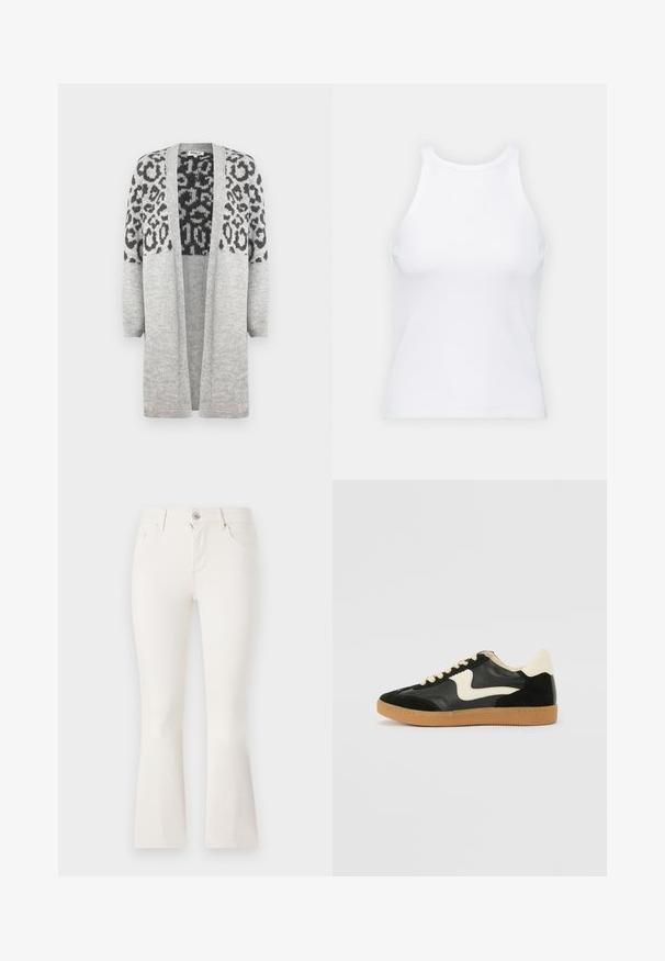 Gray knitted cardigan with long sleeves and an open front. Features a black leopard print design on the upper part. Soft texture.; White sleeveless tank top made of ribbed fabric, featuring a rounded neckline and a fitted silhouette, with minimal seams and no embellishments.; White flared jeans made of denim with a fitted waist, five pockets, and a front zipper closure. Smooth texture and a clean design.; Black suede and leather sneaker with a cream side swoosh and light cream heel. Features beige laces and a gum rubber outsole.