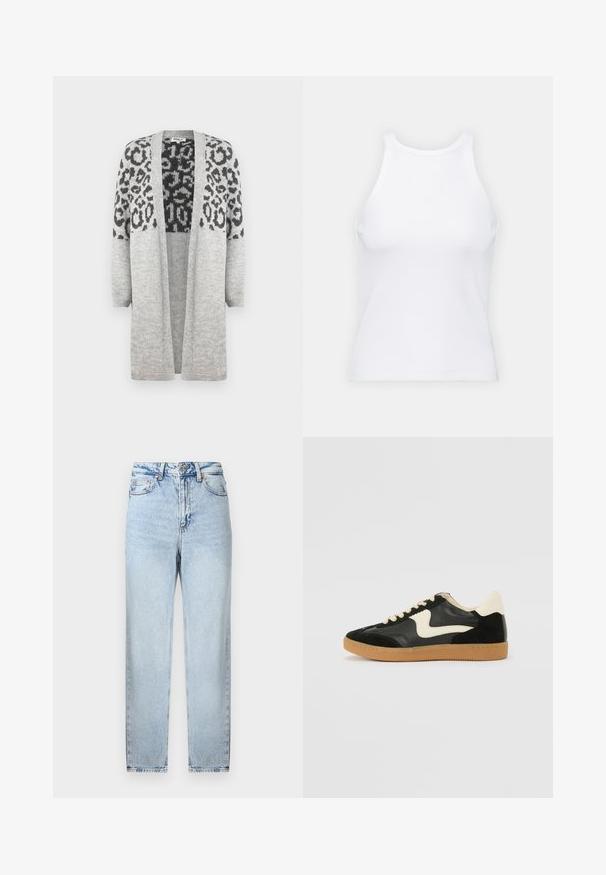 Gray knitted cardigan with long sleeves and an open front. Features a black leopard print design on the upper part. Soft texture.; White sleeveless tank top made of ribbed fabric, featuring a rounded neckline and a fitted silhouette, with minimal seams and no embellishments.; Light blue denim jeans with a straight cut, featuring a button and zip fly, five pockets, and slight fading on the front and back.; Black suede and leather sneaker with a cream side swoosh and light cream heel. Features beige laces and a gum rubber outsole.