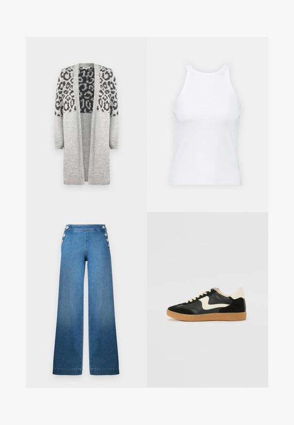 Szürke, kötött kardigán hosszú ujjakkal és nyitott elülső résszel. A felső részén fekete leopárd mintával díszített. Puha tapintású.; Fehér ujjatlan trikó ribbed anyagból, lekerekített nyakkivágással és testhez simuló siluettel, minimális varrásokkal és díszítések nélkül.; Magas derekú, széles szárú kék farmernadrág, gombos oldalrészletekkel és tiszta szegéllyel. Az anyag sima tapintású, enyhe kopással.; Fekete velúr és bőr sneaker, krém színű oldalsó swoosh-sal és világos krém színű sarokkal. Beigézett fűzőkkel és gumi talppal rendelkezik.