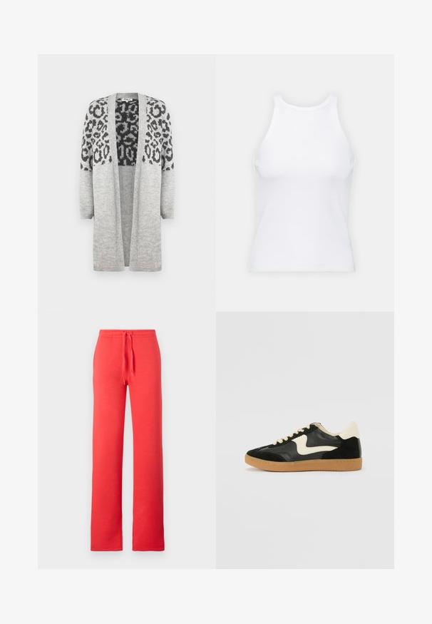 Siva pletena jopica z dolgimi rokavi in odprtim sprednjim delom. Ima črn leopardi vzorec na zgornjem delu. Mehka tekstura.; Bela brezrokavna majica iz rebraste tkanine, z zaobljenim izrezom in prilegajočim silhueto, z minimalnimi šivi in brez okraskov.; Rde hlače iz mehkega blaga, s elastiko in vrvico v pasu, ravne noge ter brez žepov ali dodatnih vzorcev.; Črne semiš in usnjene superge s kremasto stransko puščico in svetlo kremasto peto. Imajo bež čipke in gumijast podplat.