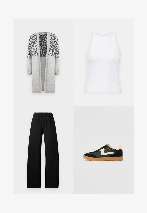Grauer Strickcardigan mit langen Ärmeln und offenem Vorderteil. Verfügt über ein schwarzes Leopardenmuster im oberen Teil. Weiche Textur.; Weißes ärmelloses Tanktop aus geripptem Stoff, mit rundem Ausschnitt und figurbetonter Silhouette, minimalen Nähten und ohne Verzierungen.; Schwarze weit geschnittene Hosen mit elastischem Bund, die eine glatte Textur und ein bodenlanges Design für einen lässigen Sitz aufweisen.; Schwarze Wildleder- und Leder-Sneaker mit einem cremefarbenen Seiten-Swoosh und einer hellcremefarbenen Ferse. Ausgestattet mit beige Schnürsenkeln und einer Gummilaufsohle.