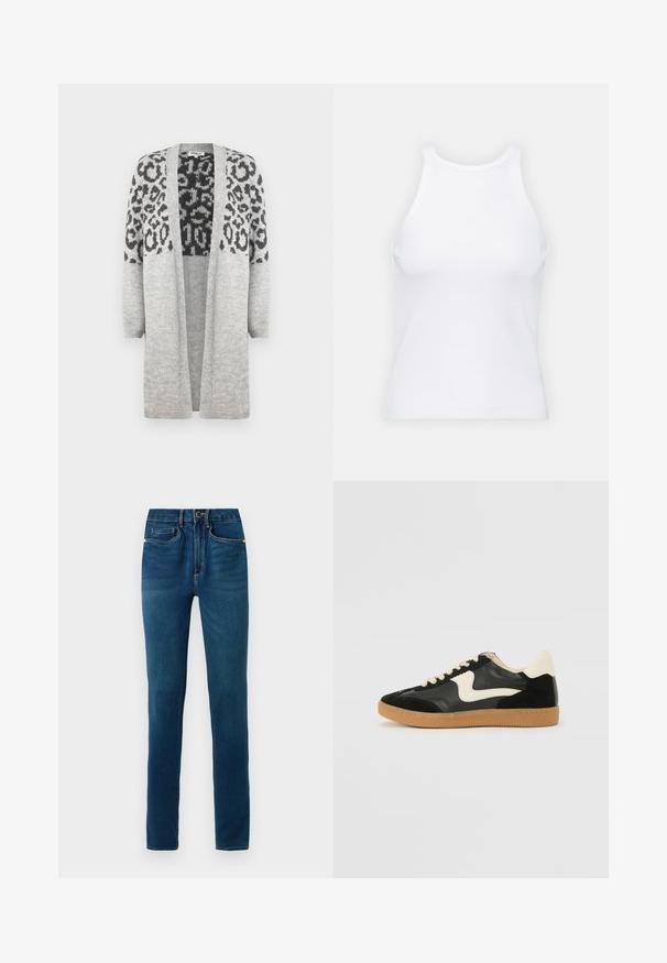 Pelēks adīts kardigans ar garām piedurknēm un atvērtu priekšpusi. Augšējā daļā ir melns leopards apdruka. Mīksta tekstūra.; Balta bezpiedurkņu topiņš no ribotā auduma, ar noapaļotu kakla izgriezumu un pieguļošu siluetu, ar minimālām šuvēm un bez rotājumiem.; Tumši zili džinsi ar taisnu kāju dizainu, ar pogu aizdari, jostas cilpām un klasiskām priekšējām un aizmugurējām kabatām.; Melna zamšāda un ādas sporta apavi ar krēmkrāsas sānu svītru un gaiši krēmkrāsas papēdi. Ar beigu krāsas auklām un gumijas zole.