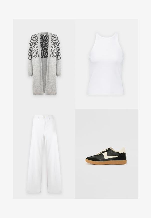 Grauer Strickcardigan mit langen Ärmeln und offenem Vorderteil. Verfügt über ein schwarzes Leopardenmuster im oberen Teil. Weiche Textur.; Weißes ärmelloses Tanktop aus geripptem Stoff, mit rundem Ausschnitt und figurbetonter Silhouette, minimalen Nähten und ohne Verzierungen.; Weiße weit geschnittene Baumwollhosen mit Knopfverschluss und klaren Linien. Der Stoff hat eine weiche Textur mit einer glatten Oberfläche.; Schwarze Wildleder- und Leder-Sneaker mit einem cremefarbenen Seiten-Swoosh und einer hellcremefarbenen Ferse. Ausgestattet mit beige Schnürsenkeln und einer Gummilaufsohle.