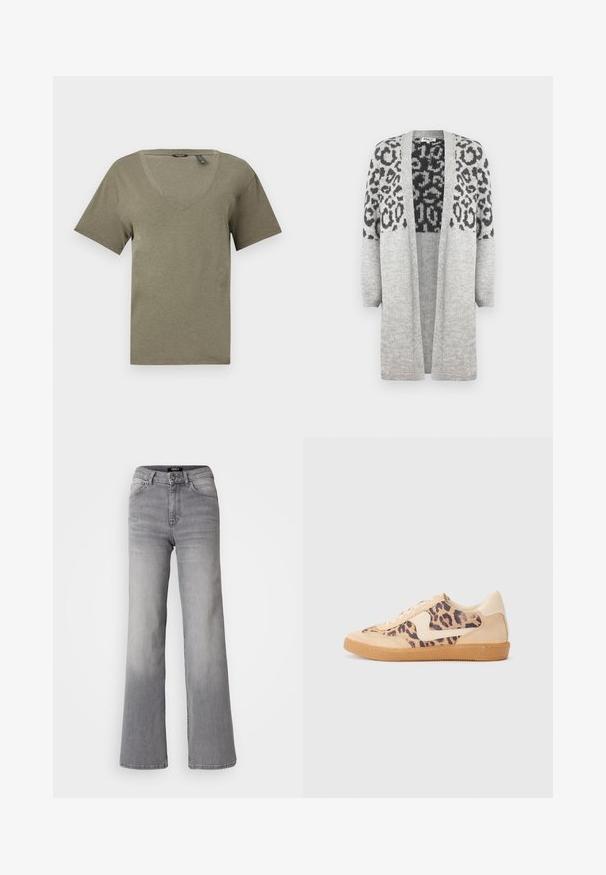 Cardigan en tricot gris avec des manches longues et un devant ouvert. Présente un motif léopard noir sur la partie supérieure. Texture douce.; T-shirt vert olive à col en V, manches courtes, fabriqué en tissu doux et léger, avec une coupe décontractée et des détails de couture soignés.; Jean en denim gris taille haute à jambes droites avec bouton et fermeture éclair à l'avant, poches avant et arrière, et décoloration sur les cuisses et les mollets.; Baskets en imprimé léopard avec tige en suède beige, semelle en caoutchouc tan et accents blancs. Bout rond et design à lacets avec une finition texturée.