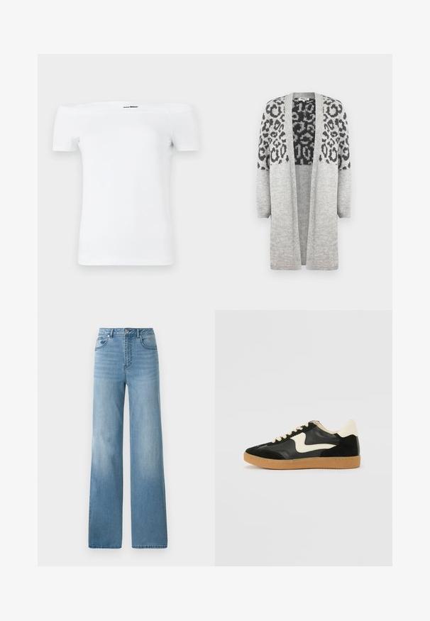 Cardigan gri din tricot, cu mâneci lungi și deschidere frontală. Prezintă un model cu imprimeu de leopard negru în partea superioară. Textură moale.; Tricou alb cu umerii decupați, cu mâneci scurte, realizat din material de bumbac moale, având un design ajustat și un tiv inferior drept.; Jeans decolorare deschisă, cu talie înaltă, cu un design drept. Confeționate din denim, cu cinci buzunare și închidere cu nasturi.; Tenisi din suede și piele negri cu un swoosh lateral de culoare crem și călcâi de un crem deschis. Prezintă șireturi bej și o talpă din rubber de tip gum.