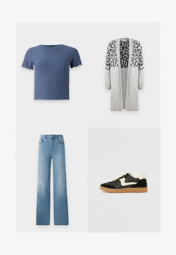 Hallikas kudumiga kardigan pikkade varrukatega ja avatud ees. Ülemises osas on must leopardimuster. Pehme tekstuur.; Sinine sooniline lühikeste varrukatega ülemine osa, ümarate kaeluste ja lainelise äärega. Valmistatud pehmest, tekstuuriga kangast, mis on hästi istuv.; Heledsinine kõrge talje ja sirge jalgadega teksad. Valmistatud denimist, viis taskut ja nööpide sulgemine.; Must musta ja nahast sneakersid, millel on koorevärvi külgsuund ja hele koorik. Omab beeži paelu ja kummi kummist välistalla.