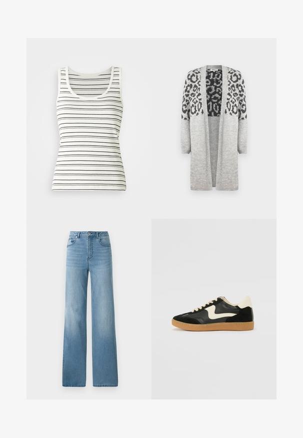 Gray knitted cardigan with long sleeves and an open front. Features a black leopard print design on the upper part. Soft texture.; Striped tank top in off-white with thin black horizontal stripes. Features a round neckline and ribbed texture. Classic sleeveless design.; Light blue high-waisted jeans with a straight-leg design. Crafted from denim, featuring five pockets and a button-fly closure.; Black suede and leather sneaker with a cream side swoosh and light cream heel. Features beige laces and a gum rubber outsole.