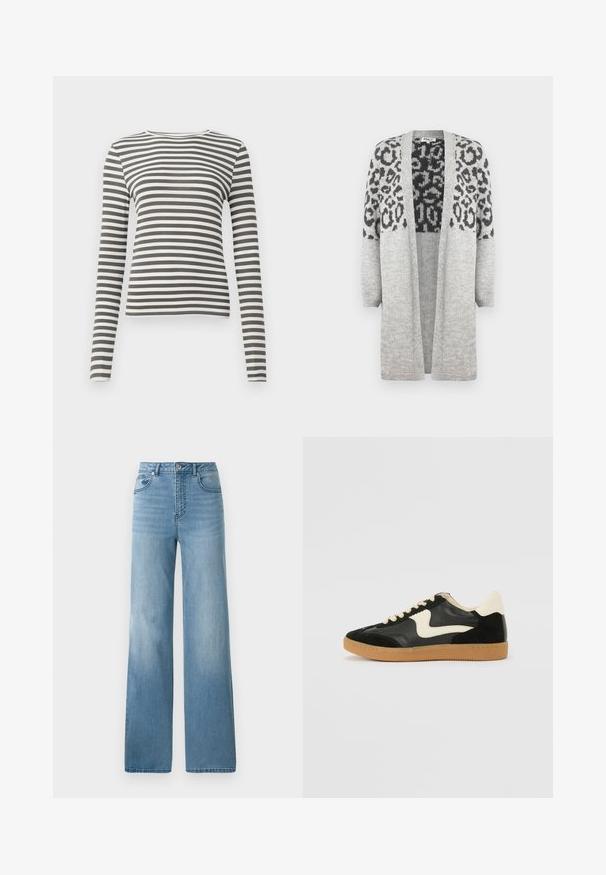 Hallikas kudumiga kardigan pikkade varrukatega ja avatud ees. Ülemises osas on must leopardimuster. Pehme tekstuur.; Olive rohelise ja valgete triipudega pikkade varrukatega särk. Ribide tekstuur, ümmargune kaelus ja vormikohane lõige. Ilma nähtava riistvara või aktsentideta.; Heledsinine kõrge talje ja sirge jalgadega teksad. Valmistatud denimist, viis taskut ja nööpide sulgemine.; Must musta ja nahast sneakersid, millel on koorevärvi külgsuund ja hele koorik. Omab beeži paelu ja kummi kummist välistalla.