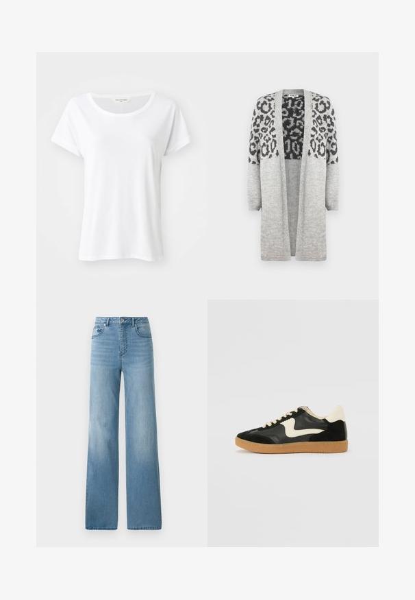 Szary sweter dzianinowy z długimi rękawami i otwartym przodem. Posiada czarny wzór w panterę na górnej części. Miękka faktura.; Biała koszulka z krótkim rękawem, okrągłym dekoltem, wykonana z gładkiego materiału, charakteryzująca się lekkim i luźnym krojem, bez widocznych wzorów czy ozdób.; Jasnoniebieskie dżinsy z wysokim stanem i prostą nogawką. Wykonane z denimu, z pięcioma kieszeniami i zapięciem na guziki.; Czarne zamszowe i skórzane sneakersy z kremowym boku i jasnokremowym piętą. Posiada beżowe sznurowadła i gumową podeszwę.