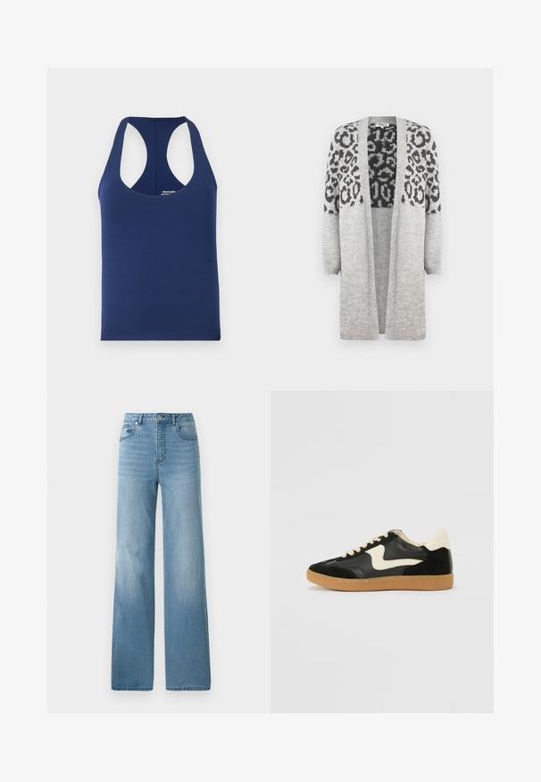 Gray knitted cardigan with long sleeves and an open front. Features a black leopard print design on the upper part. Soft texture.; Navy blue sleeveless tank top made of soft cotton. Features a round neckline and wide armholes. Simple, fitted design with no patterns.; Light blue high-waisted jeans with a straight-leg design. Crafted from denim, featuring five pockets and a button-fly closure.; Black suede and leather sneaker with a cream side swoosh and light cream heel. Features beige laces and a gum rubber outsole.