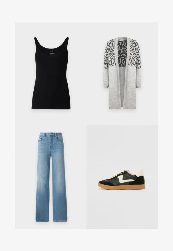 Hallikas kudumiga kardigan pikkade varrukatega ja avatud ees. Ülemises osas on must leopardimuster. Pehme tekstuur.; Must musta, mis on valmistatud venivast puuvillast, omab ümmargust kaelust ja laiu rihmasid. Sile tekstuur, ilma nähtavate mustrite või aksesuaarideta.; Heledsinine kõrge talje ja sirge jalgadega teksad. Valmistatud denimist, viis taskut ja nööpide sulgemine.; Must musta ja nahast sneakersid, millel on koorevärvi külgsuund ja hele koorik. Omab beeži paelu ja kummi kummist välistalla.