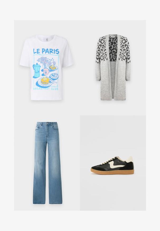 Šedý pletený kardigán s dlhými rukávmi a otvoreným predným dielom. Obsahuje čierny leopardí vzor na hornej časti. Mäkká textúra.; Biele bavlnené tričko s grafickým dizajnom, ktorý obsahuje modré a ružové ilustrácie raňajkových jedál, ako sú palacinky, káva a croissanty.; Svetlomodré džínsy s vysokým pásom a rovnými nohavicami. Vyrobené z denimu, majú päť vreciek a zapínanie na gombíky.; Čierne semišové a kožené tenisky s krémovým bočným prešívaním a svetlo krémovou pätou. Obsahujú béžové šnúrky a podošvu z gumeného kaučuku.