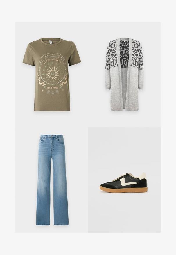 Šedý pletený kardigán s dlhými rukávmi a otvoreným predným dielom. Obsahuje čierny leopardí vzor na hornej časti. Mäkká textúra.; Olivovo zelené tričko z bavlny s krátkymi rukávmi a okrúhlym výstrihom, s kruhovou grafickou témou lunárneho motívu v metalickej zlatej a bielej farbe.; Svetlomodré džínsy s vysokým pásom a rovnými nohavicami. Vyrobené z denimu, majú päť vreciek a zapínanie na gombíky.; Čierne semišové a kožené tenisky s krémovým bočným prešívaním a svetlo krémovou pätou. Obsahujú béžové šnúrky a podošvu z gumeného kaučuku.