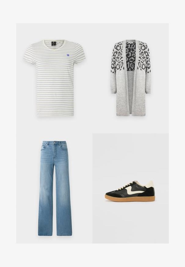 Szary sweter dzianinowy z długimi rękawami i otwartym przodem. Posiada czarny wzór w panterę na górnej części. Miękka faktura.; Kremowa koszulka z krótkim rękawem w niebieskie poziome paski. Posiada dekolt w kształcie litery V oraz małe niebieskie logo na lewej piersi.; Jasnoniebieskie dżinsy z wysokim stanem i prostą nogawką. Wykonane z denimu, z pięcioma kieszeniami i zapięciem na guziki.; Czarne zamszowe i skórzane sneakersy z kremowym boku i jasnokremowym piętą. Posiada beżowe sznurowadła i gumową podeszwę.