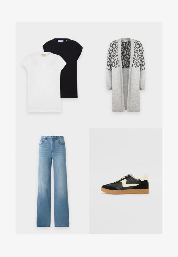 Harmaa neulecardigan, jossa on pitkät hihat ja avoin etuosa. Yläosassa on musta leopardikuosisuunnittelu. Pehmeä rakenne.; Kaksi lyhythihaista t-paitaa, yksi valkoinen ja yksi musta, molemmat pehmeästä puuvillakankaasta, joissa on pyöreä kaula-aukko ja rento malli.; Vaaleansiniset korkeavyötäröiset farkut suoranlahkeisella muotoilulla. Valmistettu denimistä, jossa on viisi taskua ja napitus.; Mustat mokka- ja nahkakengät, joissa on kermaisen valkoinen sivupainatus ja vaalea kermaisine kantapää. Varustettu beigeillä nauhoilla ja kumista valmistetulla ulkopohjalla.