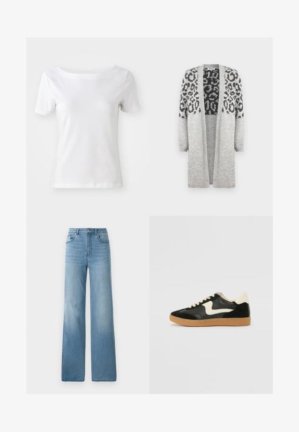 Cardigã cinza tricotado com mangas longas e frente aberta. Apresenta um padrão de estampa leopardo preto na parte superior. Textura suave.; T-shirt branca de manga curta em algodão, com decote barco e textura suave. Design simples e sem adornos.; Jeans de cintura alta azul clara com um design de perna reta. Feitos em denim, com cinco bolsos e fecho de botão.; Sapatilha em camurça e couro pretos com um swoosh lateral em creme e um calcanhar em creme claro. Apresenta atacadores bege e uma sola de borracha tipo gum.