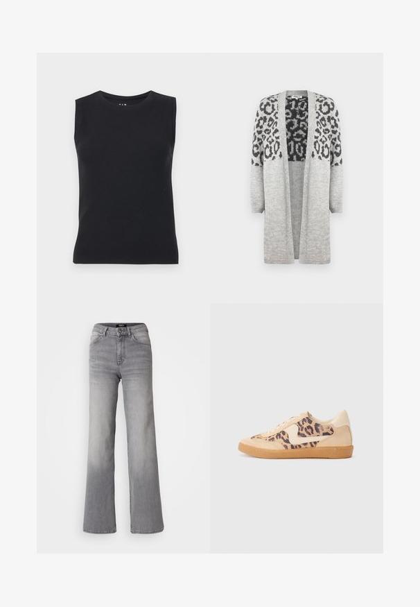 Cardigan gris de punto con mangas largas y frontales abiertos. Presenta un diseño de estampado de leopardo negro en la parte superior. Textura suave.; Top negro sin mangas hecho de material acanalado. Presenta un cuello redondo y una silueta ajustada con bordes limpios y sin patrones visibles.; Vaqueros de mezclilla gris de pernera recta y cintura alta, con botón y cremallera frontales, bolsillos delanteros y traseros, y efectos de desvanecimiento en los muslos y las pantorrillas.; Zapatillas de leopardo con parte superior de ante beige, suela de goma marrón y acentos blancos. Punta redonda y diseño con cordones con un acabado texturado.