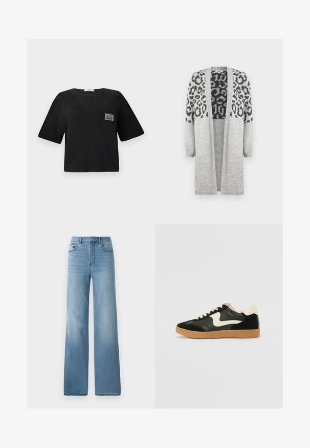Cardigã cinza tricotado com mangas longas e frente aberta. Apresenta um padrão de estampa leopardo preto na parte superior. Textura suave.; Camiseta cropped preta feita de algodão, com decote redondo e mangas curtas. Inclui um bolso com um rótulo "REPLAY".; Jeans de cintura alta azul clara com um design de perna reta. Feitos em denim, com cinco bolsos e fecho de botão.; Sapatilha em camurça e couro pretos com um swoosh lateral em creme e um calcanhar em creme claro. Apresenta atacadores bege e uma sola de borracha tipo gum.