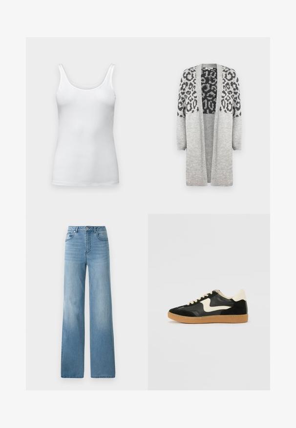 Šedý pletený kardigán s dlhými rukávmi a otvoreným predným dielom. Obsahuje čierny leopardí vzor na hornej časti. Mäkká textúra.; Biely bavlnený tričko bez rukávov s tenkými ramienkami, priliehavý strih, hladká textúra a žiadne viditeľné vzory alebo ozdoby.; Svetlomodré džínsy s vysokým pásom a rovnými nohavicami. Vyrobené z denimu, majú päť vreciek a zapínanie na gombíky.; Čierne semišové a kožené tenisky s krémovým bočným prešívaním a svetlo krémovou pätou. Obsahujú béžové šnúrky a podošvu z gumeného kaučuku.