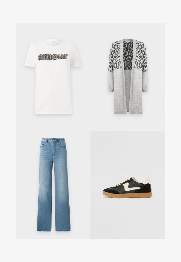 Szürke, kötött kardigán hosszú ujjakkal és nyitott elülső résszel. A felső részén fekete leopárd mintával díszített. Puha tapintású.; Fehér pamut póló, melyen "amour" felirat található leopárdmintás dizájnban. Rövid ujjak és kerek nyakkivágás. Könnyű és lezser fazon.; Világoskék, magas derekú farmernadrág egyenes szabással. Denim anyagból készült, öt zsebbel és gombos záródással.; Fekete velúr és bőr sneaker, krém színű oldalsó swoosh-sal és világos krém színű sarokkal. Beigézett fűzőkkel és gumi talppal rendelkezik.