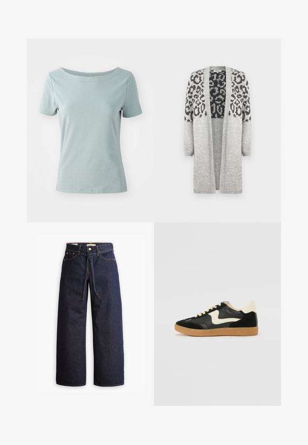 Šedý pletený kardigán s dlhými rukávmi a otvoreným predným dielom. Obsahuje čierny leopardí vzor na hornej časti. Mäkká textúra.; Krátky rukáv, svetlomodré bavlnené tričko s širokým výstrihom a voľným strihom. Bezšvové plece a hladká, jemná textúra.; Široké tmavomodré denimové džínsy s vysokým pásom, so šnúrkou na sťahovanie, piatimi vreckami a kontrastným prešívaním.; Čierne semišové a kožené tenisky s krémovým bočným prešívaním a svetlo krémovou pätou. Obsahujú béžové šnúrky a podošvu z gumeného kaučuku.