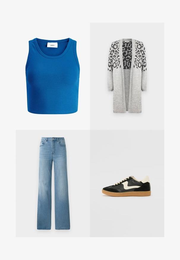 Hallikas kudumiga kardigan pikkade varrukatega ja avatud ees. Ülemises osas on must leopardimuster. Pehme tekstuur.; Sinine ribiga lühike topp, millel on lai kaelus, varrukateta disain ja etiketil "JJXX", mis asub kaela keskel.; Heledsinine kõrge talje ja sirge jalgadega teksad. Valmistatud denimist, viis taskut ja nööpide sulgemine.; Must musta ja nahast sneakersid, millel on koorevärvi külgsuund ja hele koorik. Omab beeži paelu ja kummi kummist välistalla.