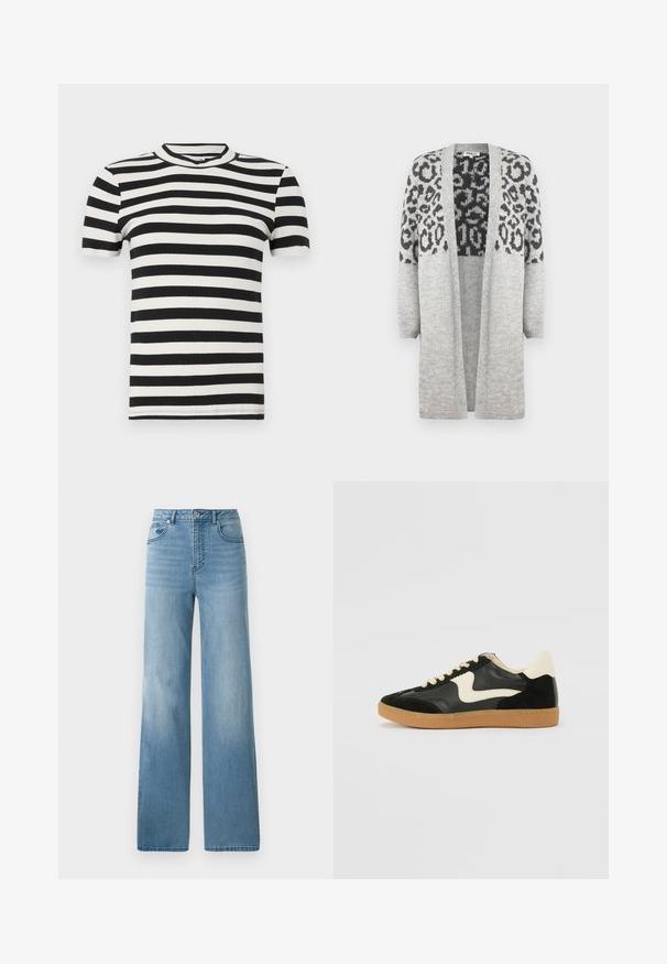 Šedý pletený kardigan s dlouhými rukávy a otevřeným předním zapínáním. Vyznačuje se černým leopardím vzorem na horní části. Měkká textura.; Černobílé pruhované tílko s krátkým rukávem, žebrované, s kulatým výstřihem a přiléhavým střihem. Jemná textura po celé ploše.; Světlé modré džíny s vysokým pasem a rovnými nohavicemi. Vyrobené z denimu, s pěti kapsami a zapínáním na knoflíky.; Černé semišové a kožené tenisky s krémovým postranním swooshem a světlým krémovým podpatkem. Mají béžové tkaničky a podešev z gumové pryže.