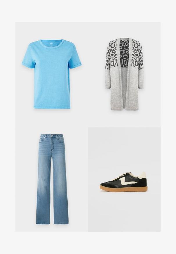 Szürke, kötött kardigán hosszú ujjakkal és nyitott elülső résszel. A felső részén fekete leopárd mintával díszített. Puha tapintású.; Világoskék pamut póló kerek nyakkivágással, rövid ujjakkal és a szegélyeken látható varrási részletekkel. Egyszerű, díszítetlen kialakítás.; Világoskék, magas derekú farmernadrág egyenes szabással. Denim anyagból készült, öt zsebbel és gombos záródással.; Fekete velúr és bőr sneaker, krém színű oldalsó swoosh-sal és világos krém színű sarokkal. Beigézett fűzőkkel és gumi talppal rendelkezik.