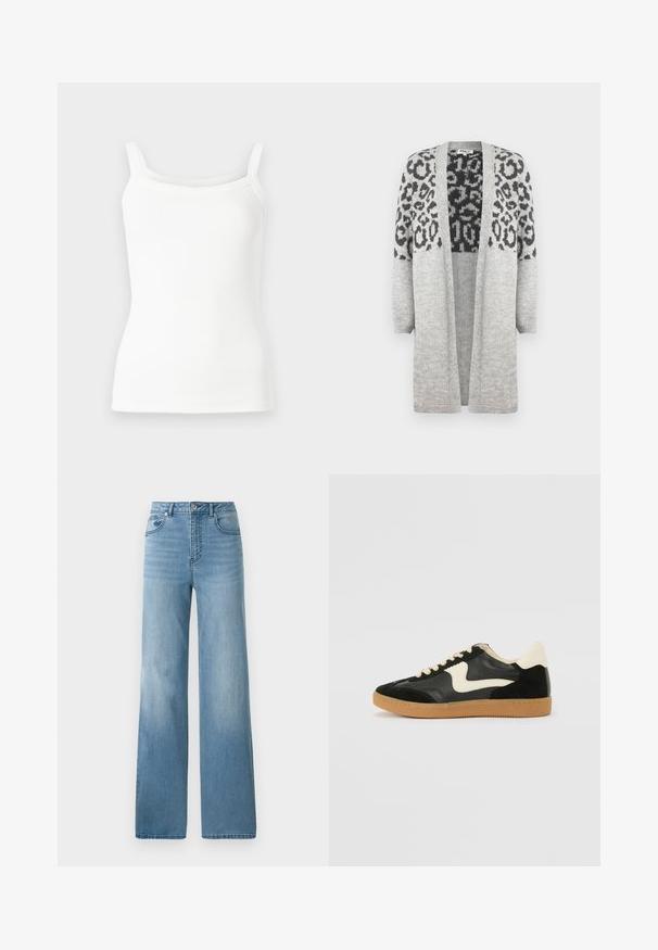 Pelēks adīts kardigans ar garām piedurknēm un atvērtu priekšpusi. Augšējā daļā ir melns leopards apdruka. Mīksta tekstūra.; Balts ribots t-krekls ar plānām siksnām, ar pieguļošu formu un gludu tekstūru. Nav nekādu rakstu vai metāla detaļu.; Gaiši zili augstās jostas bikses ar taisnu kāju dizainu. Izgatavotas no denima, ar piecām kabatām un pogu aizdari.; Melna zamšāda un ādas sporta apavi ar krēmkrāsas sānu svītru un gaiši krēmkrāsas papēdi. Ar beigu krāsas auklām un gumijas zole.