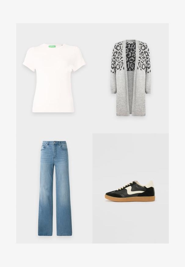 Šedý pletený kardigan s dlouhými rukávy a otevřeným předním zapínáním. Vyznačuje se černým leopardím vzorem na horní části. Měkká textura.; Bílý krátký rukáv tričko vyrobené z měkké tkaniny, s kulatým výstřihem a zeleným štítkem na krku. Jednoduchý design a přiléhavý střih.; Světlé modré džíny s vysokým pasem a rovnými nohavicemi. Vyrobené z denimu, s pěti kapsami a zapínáním na knoflíky.; Černé semišové a kožené tenisky s krémovým postranním swooshem a světlým krémovým podpatkem. Mají béžové tkaničky a podešev z gumové pryže.