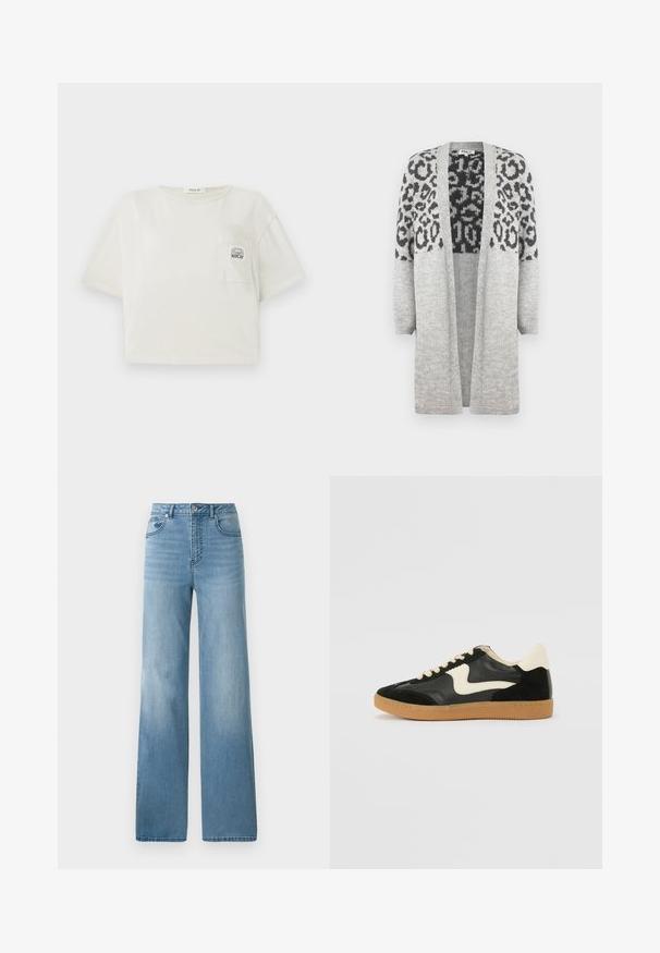 Cardigã cinza tricotado com mangas longas e frente aberta. Apresenta um padrão de estampa leopardo preto na parte superior. Textura suave.; T-shirt corta, de mangas curtas, em algodão off-white. Apresenta um bolso frontal com um logotipo impresso e um decote redondo. Textura suave.; Jeans de cintura alta azul clara com um design de perna reta. Feitos em denim, com cinco bolsos e fecho de botão.; Sapatilha em camurça e couro pretos com um swoosh lateral em creme e um calcanhar em creme claro. Apresenta atacadores bege e uma sola de borracha tipo gum.
