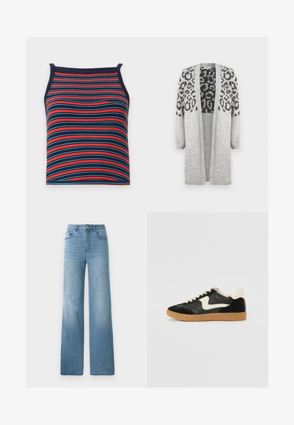Grå strikket cardigan med lange ærmer og åben front. Har et sort leopardprintdesign på den øvre del. Blød tekstur.; Stribet tanktop med røde, blå og marineblå vandrette striber, med ribbet tekstur og ærmeløs design.; Lyseblå højtaljede jeans med lige ben. Fremstillet af denim, med fem lommer og knaplukning.; Sorte ruskinds- og lædersneakers med en cremefarvet side-swoosh og lys cremefarvet hæl. Har beige snørebånd og en gummirubber-sål.