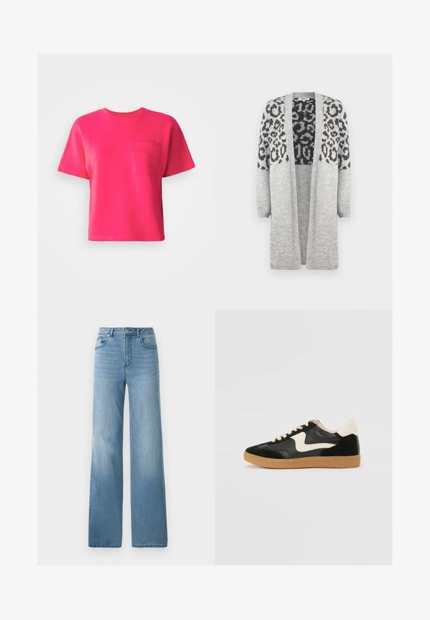 Szary sweter dzianinowy z długimi rękawami i otwartym przodem. Posiada czarny wzór w panterę na górnej części. Miękka faktura.; Jasnoróżowa koszulka z krótkim rękawem wykonana z bawełny, z kieszonką na przodzie i okrągłym dekoltem. Gładka tekstura i luźny krój.; Jasnoniebieskie dżinsy z wysokim stanem i prostą nogawką. Wykonane z denimu, z pięcioma kieszeniami i zapięciem na guziki.; Czarne zamszowe i skórzane sneakersy z kremowym boku i jasnokremowym piętą. Posiada beżowe sznurowadła i gumową podeszwę.