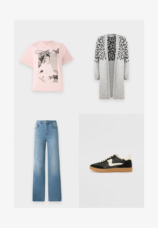 Grauer Strickcardigan mit langen Ärmeln und offenem Vorderteil. Verfügt über ein schwarzes Leopardenmuster im oberen Teil. Weiche Textur.; Rosa Baumwoll-T-Shirt mit einem schwarz-weißen Grafikbild einer Frau mit einer Gitarre, ergänzt durch den Namen "Dolly" in Schreibschrift und einem Schmetterling.; Helleblaue hochtaillierte Jeans mit geradem Bein. Aus Denim gefertigt, mit fünf Taschen und einem Knopfverschluss.; Schwarze Wildleder- und Leder-Sneaker mit einem cremefarbenen Seiten-Swoosh und einer hellcremefarbenen Ferse. Ausgestattet mit beige Schnürsenkeln und einer Gummilaufsohle.
