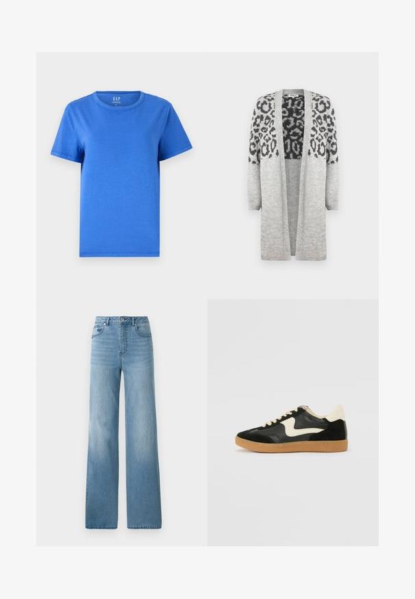 Cardigã cinza tricotado com mangas longas e frente aberta. Apresenta um padrão de estampa leopardo preto na parte superior. Textura suave.; Camiseta básica azul feita de algodão, com decote redondo, mangas curtas e barra reta. Sem padrões ou detalhes visíveis.; Jeans de cintura alta azul clara com um design de perna reta. Feitos em denim, com cinco bolsos e fecho de botão.; Sapatilha em camurça e couro pretos com um swoosh lateral em creme e um calcanhar em creme claro. Apresenta atacadores bege e uma sola de borracha tipo gum.