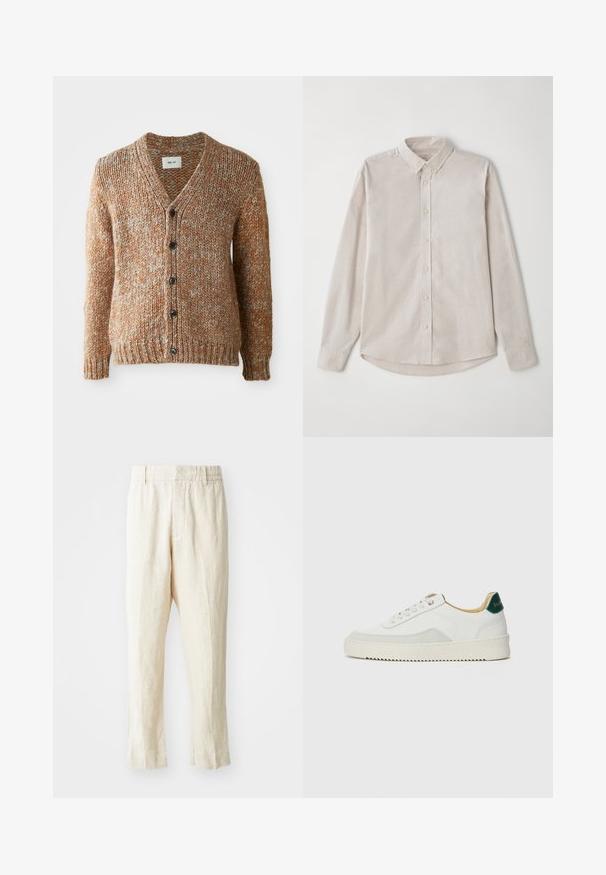 Cardigan texturat, cu tonuri calde, de culoare portocalie, cu stropi albi. Guler în formă de V, închidere cu șase nasturi, tiv și manșete cu nervuri. Fabricat din material tricotat.; Cămașă lungă cu mâneci dintr-o țesătură moale, de culoare bej deschis. Prezintă un guler cu nasturi și o închidere centrală cu nasturi, având un tiv curbat.; Pantaloni din in bej cu o croială lejeră, picioare înguste și față plată. Dispun de un brâu elastic pentru confort și detalii minime ale cusăturilor.; Sneaker alb cu accente din suede, vârf rotund, șireturi plate și o talpă din cauciuc crem. Are un logo verde pe călcâie.
