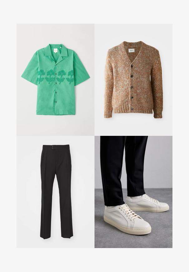 teksturēts, siltu toņu oranžs kardigāns ar baltām punktiņām. V-veida piegriezums, sešu pogu aizdare, ribota apakšmala un piedurknes. Izgatavots no adīta materiāla.; Šī ir īsām piedurknēm zaļa krekla, kas izgatavots no mīksta auduma, ar tumši zaļu ziedu izšuvumu priekšpusē, pogu aizdari un klasisku apkakli.; Melnas pieguļoša stila bikses ar taisnu kāju dizainu, divām priekšējām kabatām un dubultu pogu aizdari jostasvietā. Gluda auduma tekstūra.; Gai beige ādas kedas ar plakaniem šņorēm, teksturētu virsmu un kontrastējošu krēmkrāsas gumijas zoli, apvienotas ar melniem pieguļošiem biksēm.